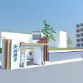 White Entrance Gate With Yellow Accents Red Details And Glass Windows On Tiled Floor