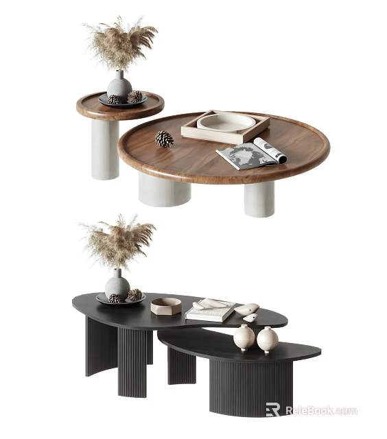 Modern Coffee Tables With Wooden Tops White Black Bases And Decorative Pine Cone Magazines 3d model 
