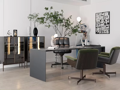 Modern Minimalist Office Desk Interior With Green Chairs Lit Cabinets Potted Plants And Decorative Painting 3d model