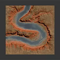 3D Architectural Terrain Model Featuring Orange Mountain Ranges And Blue River