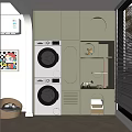 Stacked Washing Machines in Modern White Cabinet with Circular Storage Design