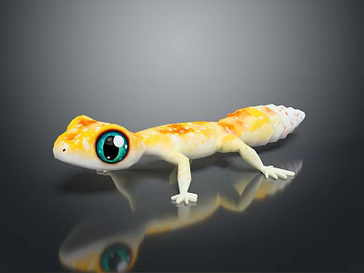 Colorful Reptile Gecko With Yellow Orange Patterns White Body Large Eyes On Black Reflective Surface 3d model