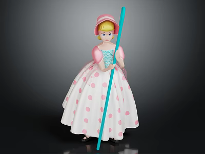Cute Girl Wearing Pink Hat Blue Top and White Polka Dot Dress Holding Blue Stick 3d model