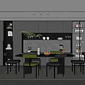 Modern Restaurant Interior Design With Dining Table Green Chairs And Decorative Shelves