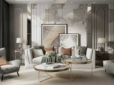 Modern Living Room Sofa And Coffee Table Set With Decorative Pillows Wall Art And Lamps 3d model