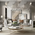 Modern Living Room Sofa And Coffee Table Set With Decorative Pillows Wall Art And Lamps