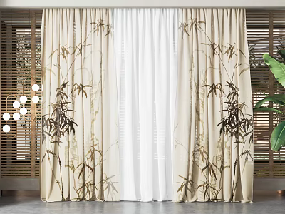 Beige Curtains With Bamboo Pattern And White Sheer For Living Room 3d model