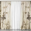 Beige Curtains With Bamboo Pattern And White Sheer For Living Room