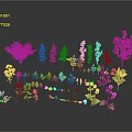 Cartoon Style Garden Scene with Various Trees Flowers and Green Plants