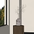 Elegant White Ribbed Vase With Decorative Branches On Wooden Round Table Near Window Natural Light Interior