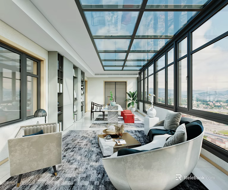 Modern Villa Balcony Interior Design With Large Glass Windows Comfortable Sofas Coffee Table And Scenic View 3d model