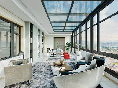 Modern Villa Balcony Interior Design With Large Glass Windows Comfortable Sofas Coffee Table And Scenic View 3d model