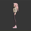 Woman With Pink Hair Dressed In Beige Jacket Pink Top Dark Leggings And Pink Sneakers