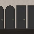 Black Hinged Doors Arched And Rectangular With Golden Handles Against Light Walls And Wooden Floor