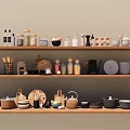 Organized Spice Jars On Kitchen Wooden Shelves With Glass Containers And Utensils
