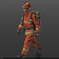 Firefighter Man In Orange Firefighting Suit With Helmet And Breathing Apparatus