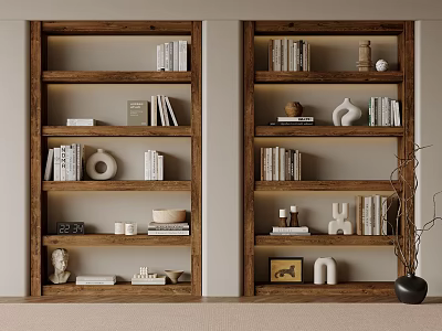 Twin Wooden Bookcases With Multiple Shelves Holding Books Decorative Sculptures And Ornaments 3d model