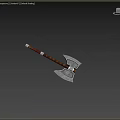 Double Headed Axe Weapon With Wooden Handle And Metal Blades Decorative Patterns