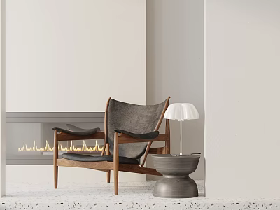 Lounge Chair with Wooden Frame Gray Cushion Side Table and Table Lamp in Light Room 3d model