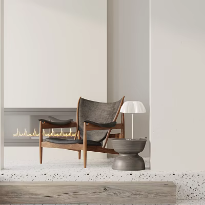 Lounge Chair with Wooden Frame Gray Cushion Side Table and Table Lamp in Light Room 3d model