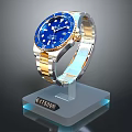 Luxury Wrist Watch Featuring Blue Dial Golden Strap On Transparent Display Stand With Price Tag