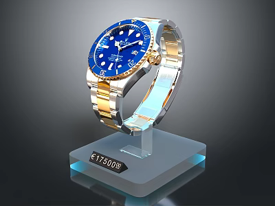 Luxury Wrist Watch Featuring Blue Dial Golden Strap On Transparent Display Stand With Price Tag 3d model