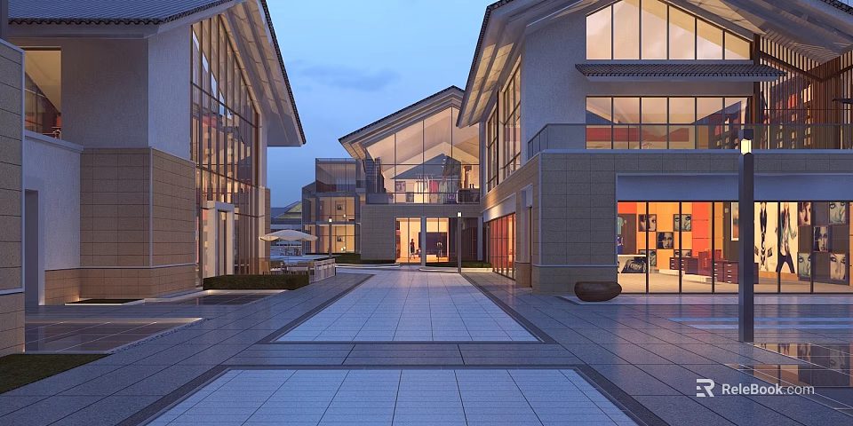 Modern Commercial Landscape in Dusk With Glass Curtain Walls Stone Paved Walkway and Warm Lighting 3d model 