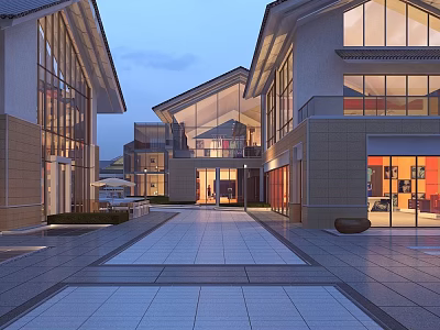 Modern Commercial Landscape in Dusk With Glass Curtain Walls Stone Paved Walkway and Warm Lighting 3d model