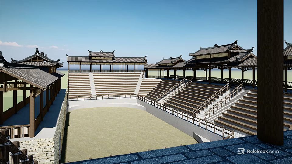 Traditional Chinese Open Air Theater With Tiered Seats And Classic Roofs 3d model 
