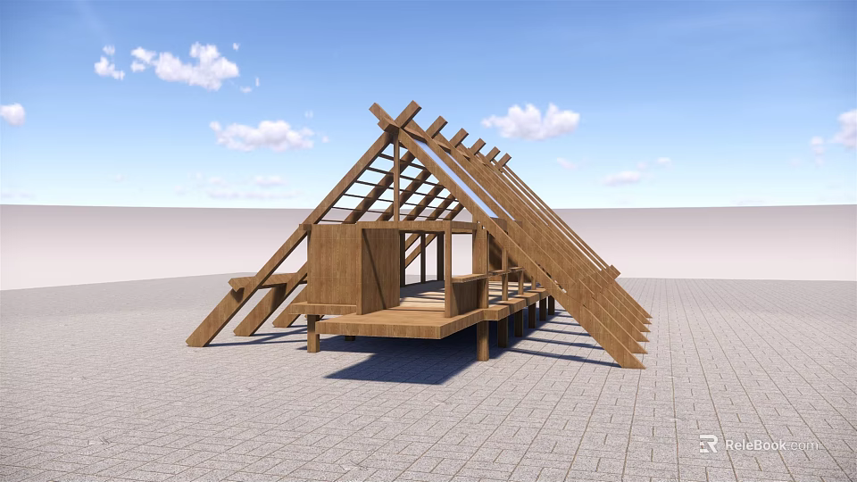 Outdoor Wooden Roof Truss Frame Construction With Brick Pavement And Wooden Beams 3d model 