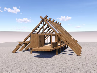 Outdoor Wooden Roof Truss Frame Construction With Brick Pavement And Wooden Beams 3d model