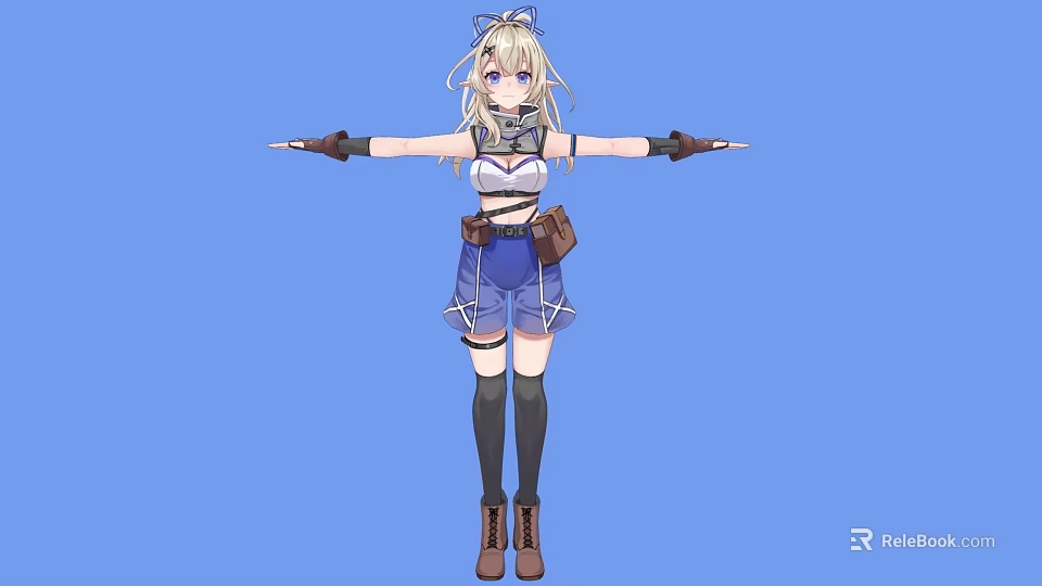 Blonde Haired Woman With Blue Eyes In White Top Blue Shorts And Arms Outstretched 3d model 