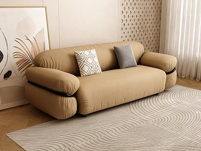 Beige Sofa with Geometric and Gray Pillows on Wavy Texture Rug in Modern Living Interior 3d model