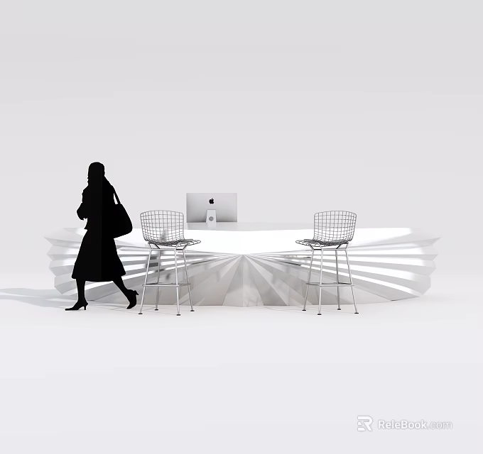 Modern Reception Desk With Apple iMac Wire Mesh Chairs And Person Walking By 3d model 