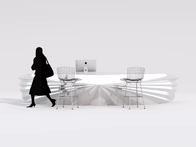 Modern Reception Desk With Apple iMac Wire Mesh Chairs And Person Walking By 3d model