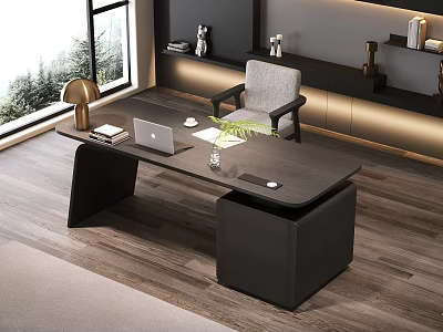 Sleek Dark Wood Executive Office Desk With Side Storage Cabinet And Comfortable Upholstered Office Chair 3d model