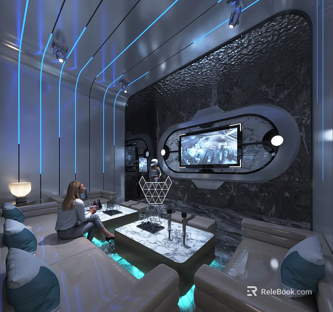 Modern Luxury KTV Interior Design With LED Lighting And Comfortable Lounge Seating 3d model 