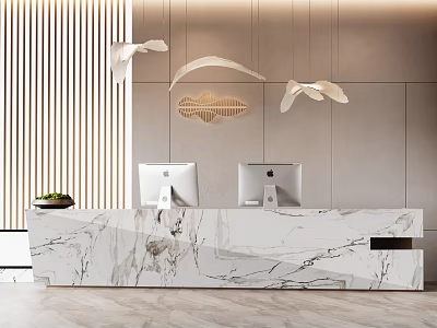 Modern Reception Desk with Marble Countertop Two Computers Wooden Strips and Wall Decor 3d model