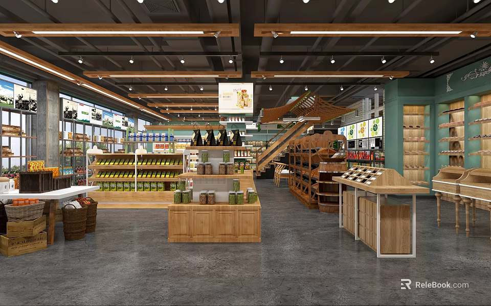 Spacious Modern Specialty Store Interior With Wooden Shelves And Product Displays 3d model 