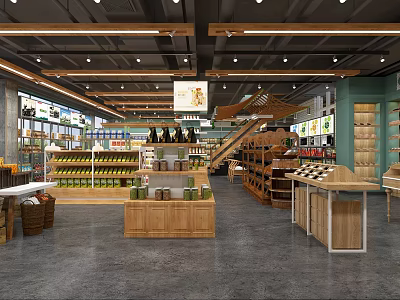 Spacious Modern Specialty Store Interior With Wooden Shelves And Product Displays 3d model