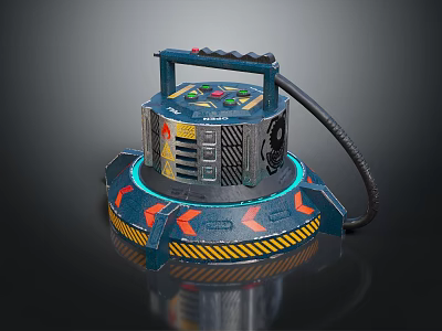 Futuristic Weapon Design Featuring Blue Handle Control Panel Orange Glowing Ring Warning Stripes And Cable 3d model