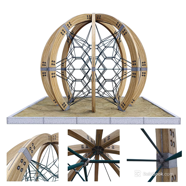 Wooden Playground Equipment With Circular Arch Net Climbing Structure For Kids Outdoor Fun 3d model 