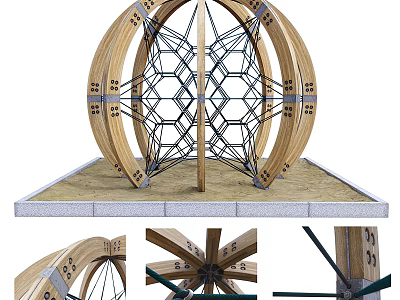 Wooden Playground Equipment With Circular Arch Net Climbing Structure For Kids Outdoor Fun 3d model
