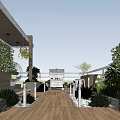 Courtyard Garden Design With Wooden Deck Bench Pine Tree Pergola Slats And Decorative Wall Tiles