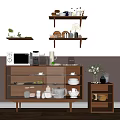 Wooden Sideboard In Modern Dining Room With Microwave Kettle Glassware Shelves And Potted Plants