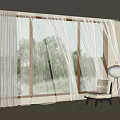 Beige Curtains by Window with Trees Outside and Cozy Chair with Floor Lamp