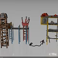 Industrial Scaffolding Structure With Red Tools Yellow Tool Shelf And Metal Workbench