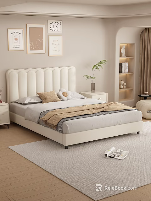 Elegant Double Bed Interior Design with White Pleated Headboard Pillows Nightstand and Plant 3d model 
