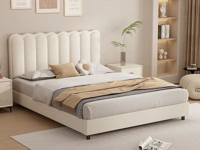 Elegant Double Bed Interior Design with White Pleated Headboard Pillows Nightstand and Plant 3d model