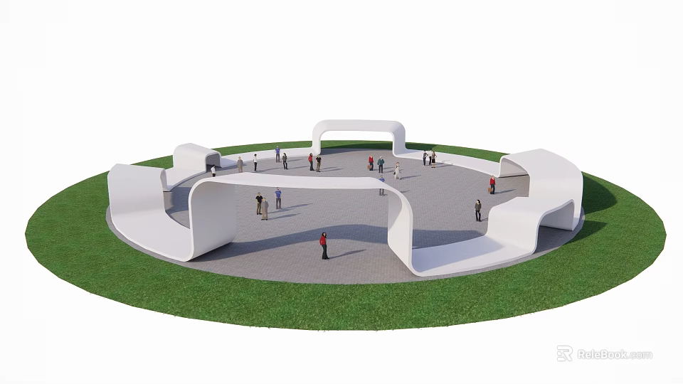 Park Landscape With Circular Square White Curved Structures Green Grass And People Walking 3d model 